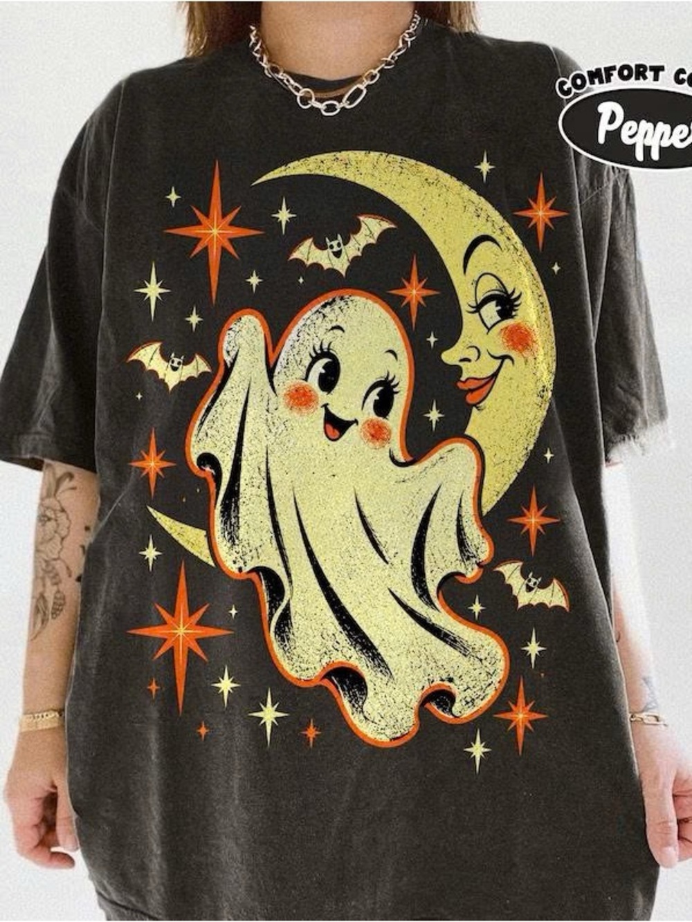Kids' Black Ghost & Moon Halloween Costume Tee